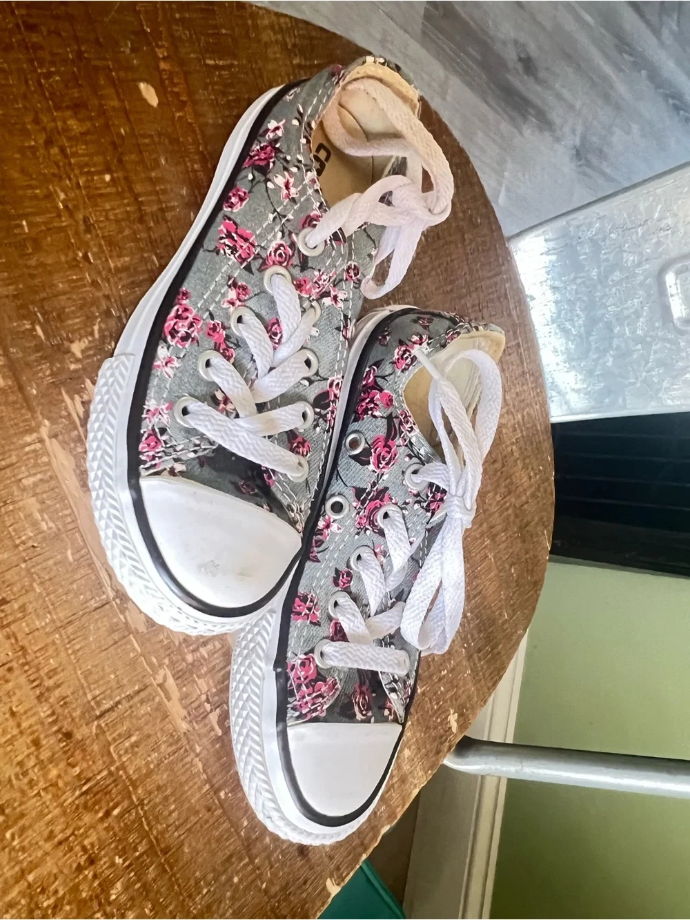 Converse Kids Floral Green Canvas Sneakers with Pink Rose Print